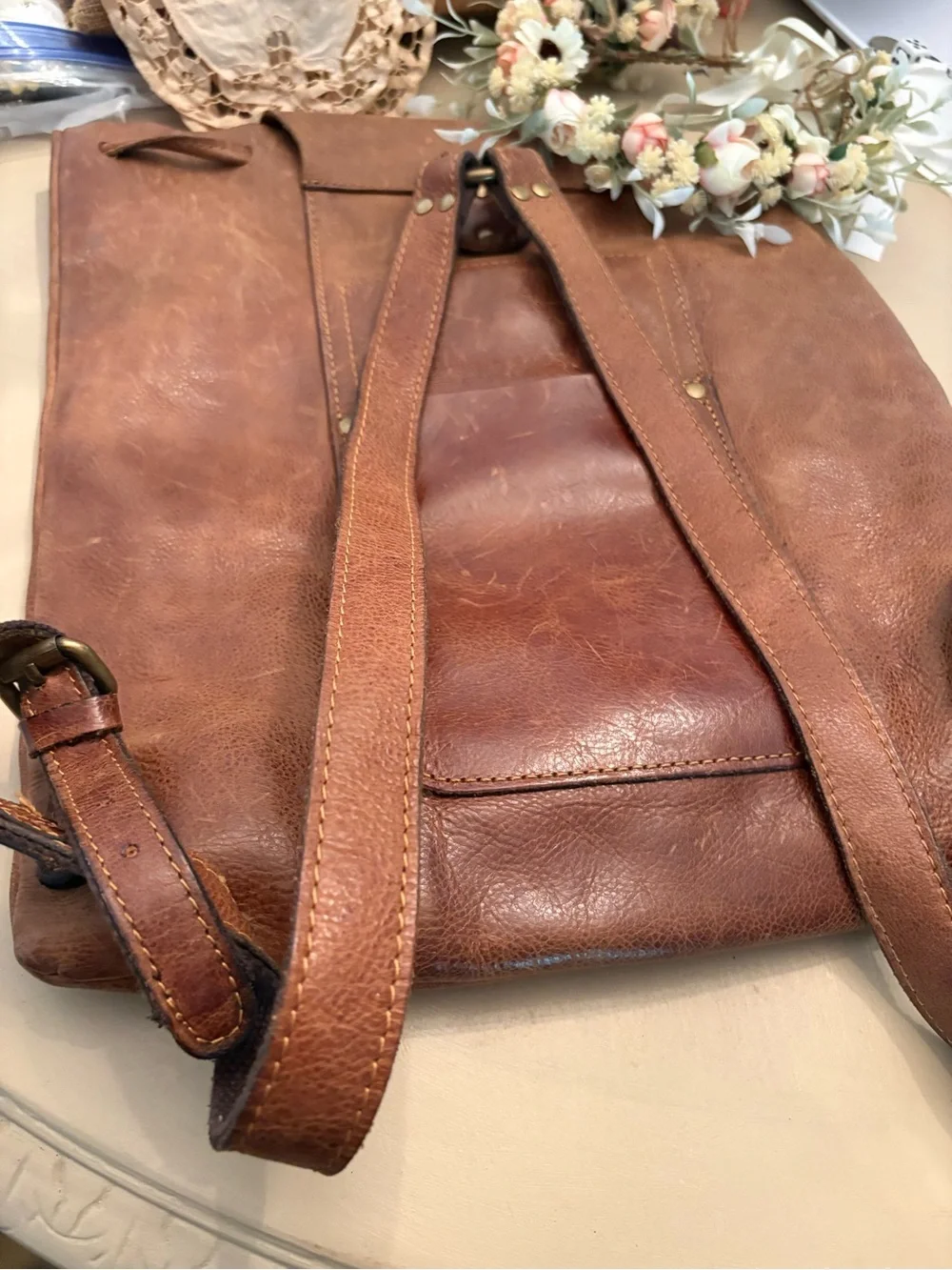 Patricia Nash Rustic Brown Leather Backpack with Canvas Logo Pouch
